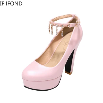 

IF IFOND spring new casual high-heeled shoes sexy thick heels platform pumps buckle solid woman PU leather waterproof shoes