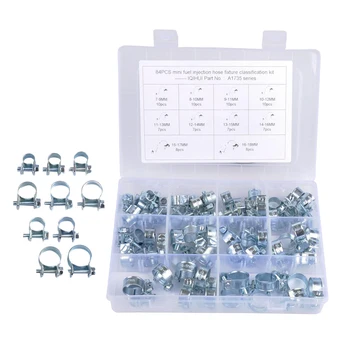 

84pcs Hose Clip Clamps - 10 Sizes 7-18 mm Adjustable Stainless Steel Hose Clip Pipes Tube Clamp in Storage Box