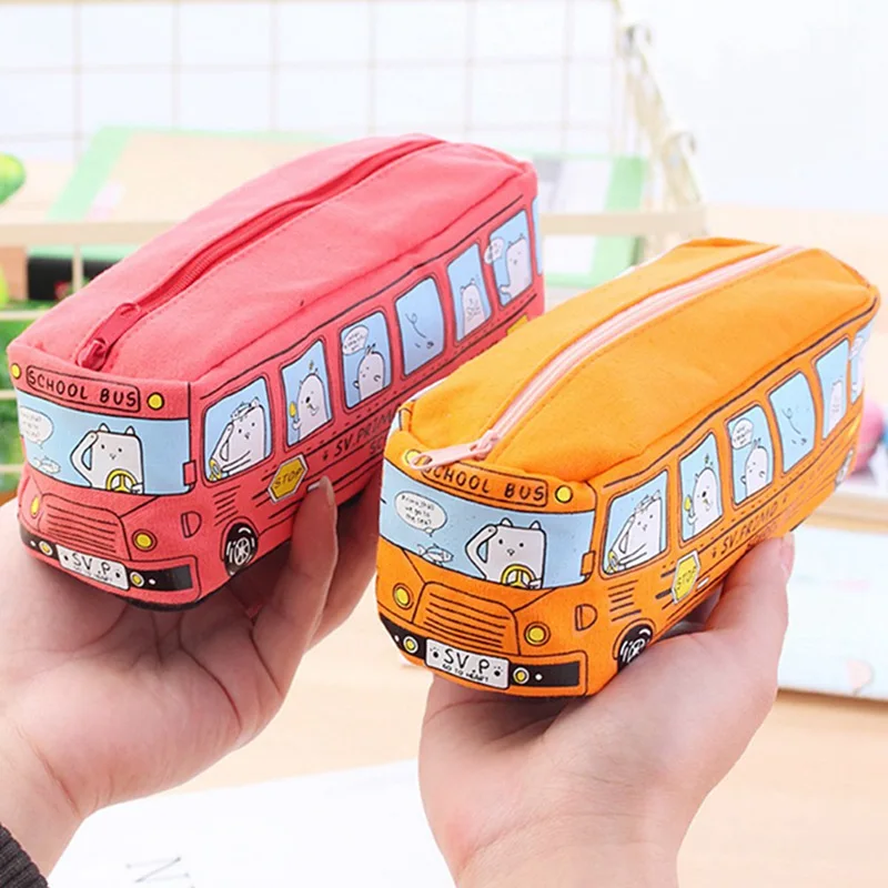Creative Cute Small Animal School Bus Stationery Canvas Pencil Case Organizer Pencil Bag Gift Office School Stationery Supply