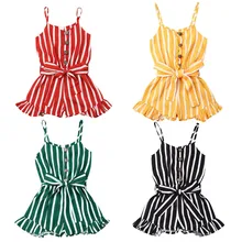 4 цвета, летние детские комбинезоны для маленьких девочек, одежда полосатый пояс с оборками на пуговицах, комбинезон, Цельный Наряд, От 3 до 8 лет