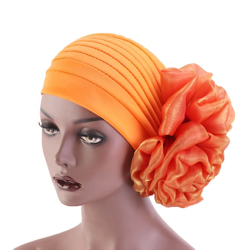 Women King Big Flower Turban Hat Elastic Beanie Ladies Muslim Hijab Wedding Marriage Party Hat Indian Hat Hair Loss Chemo Cap the marriage свадьба