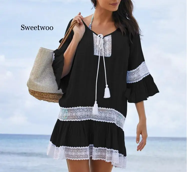 Women Lace Patchwork Beach Dress 2020 Hot Sale Swimwear Bikini Cover-up Beach Wear Cover Up New Ladies Lace Crochet Summer Dress