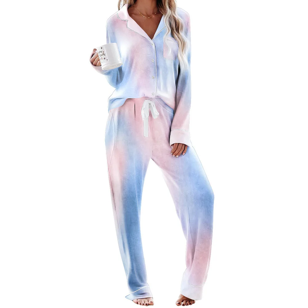 

SIMISI Women Home Clothes Turn-down Collar Polyester Pajama Sets Tie-dye Long Sleeve Full Length Wearable Women Pajamas