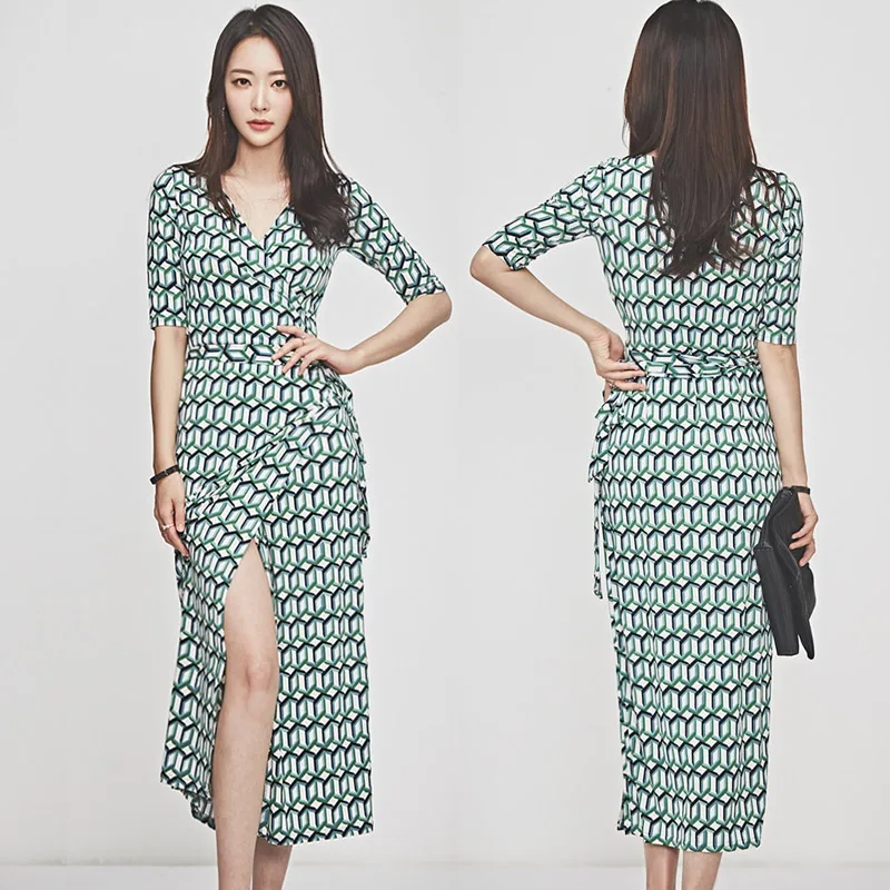 

Korea Women Wrap Dresses Bohemian Beach Holiday Print Elegant Green Ladies Dress Half Sleeve Split Lace-up Slim Waist Vintage