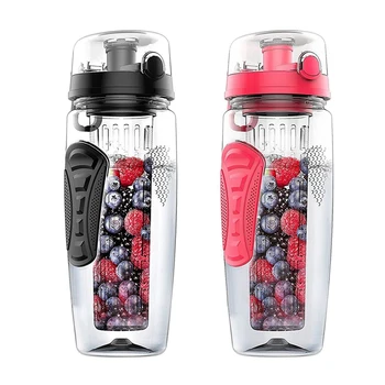 

2 Pcs 1000Ml/32Oz Fruit Infusing Infuser Water Bottle Plastic Sports Detox Health-Pink & Black