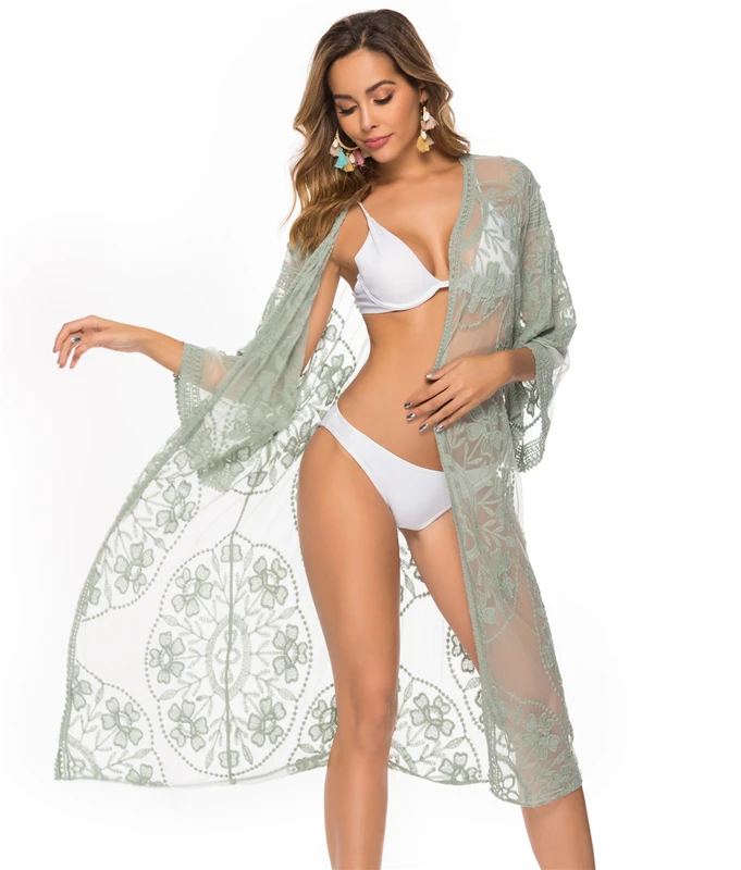 bathing suit cover Women Bikini Cover-Up Floral Lace Mesh Cardigan Sexy Out Wear See Through Beach Rash Guard for Swimming Watersports Vacationing bikini and cover up set