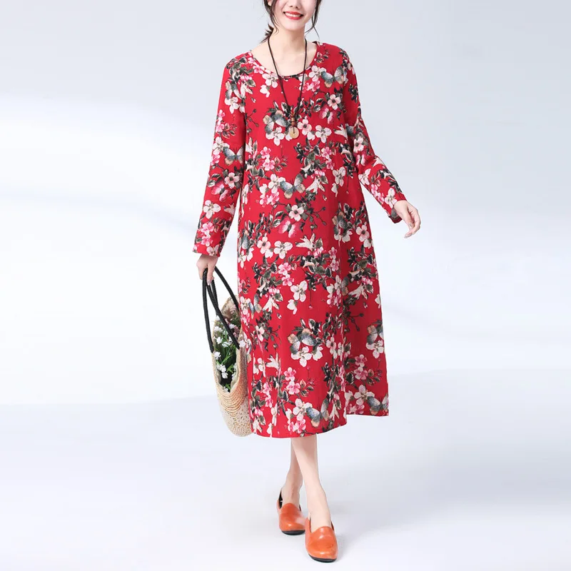 

Long-sleeved Dress Women's 2019 Spring New Style Ethnic-Style Retro Loose Cotton Linen Printed Crew Neck Medium-length Dress