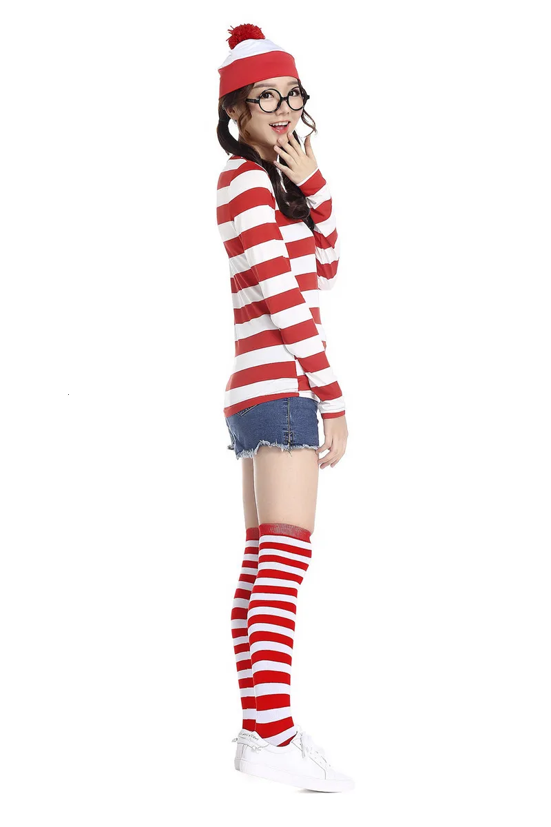 S-XXL Parent-Child Cartoon Where is Wally Waldo Costume Waldo Book Week Cosplay Outfit Stripe Shirt Hat Glasses Kit vampire costume women