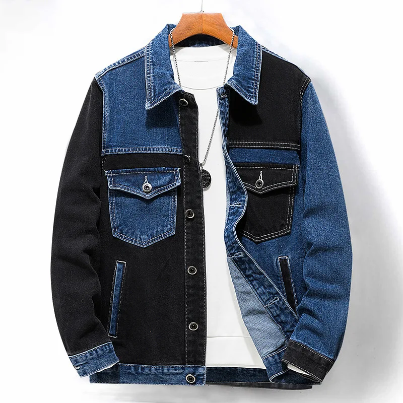 Men Clothing Splicing Denim Jacket Blue 