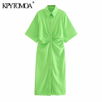 KPYTOMOA Women 2021 Chic Fashion Button up Draped Midi Shirt Dress Vintage Short Sleeve Side