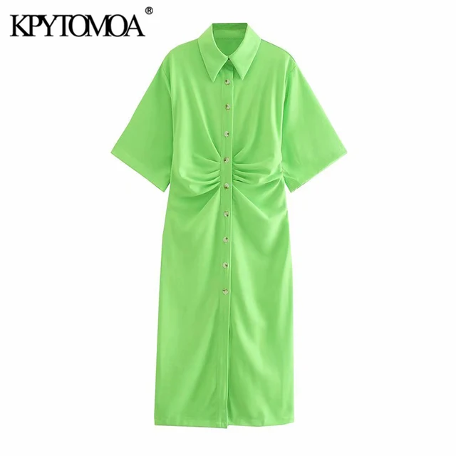 KPYTOMOA Women 2021 Chic Fashion Button up Draped Midi Shirt Dress Vintage Short Sleeve Side Zipper