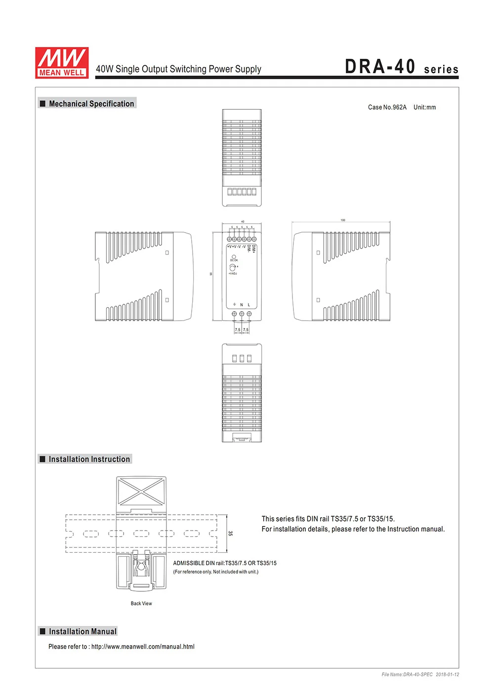 MEAN WELL DRA-40-12 DRA-40-24 40 Вт 12 В 24 в постоянный ток регулируемый din-рейку источник питания 110 В/220В Meanwell PSU