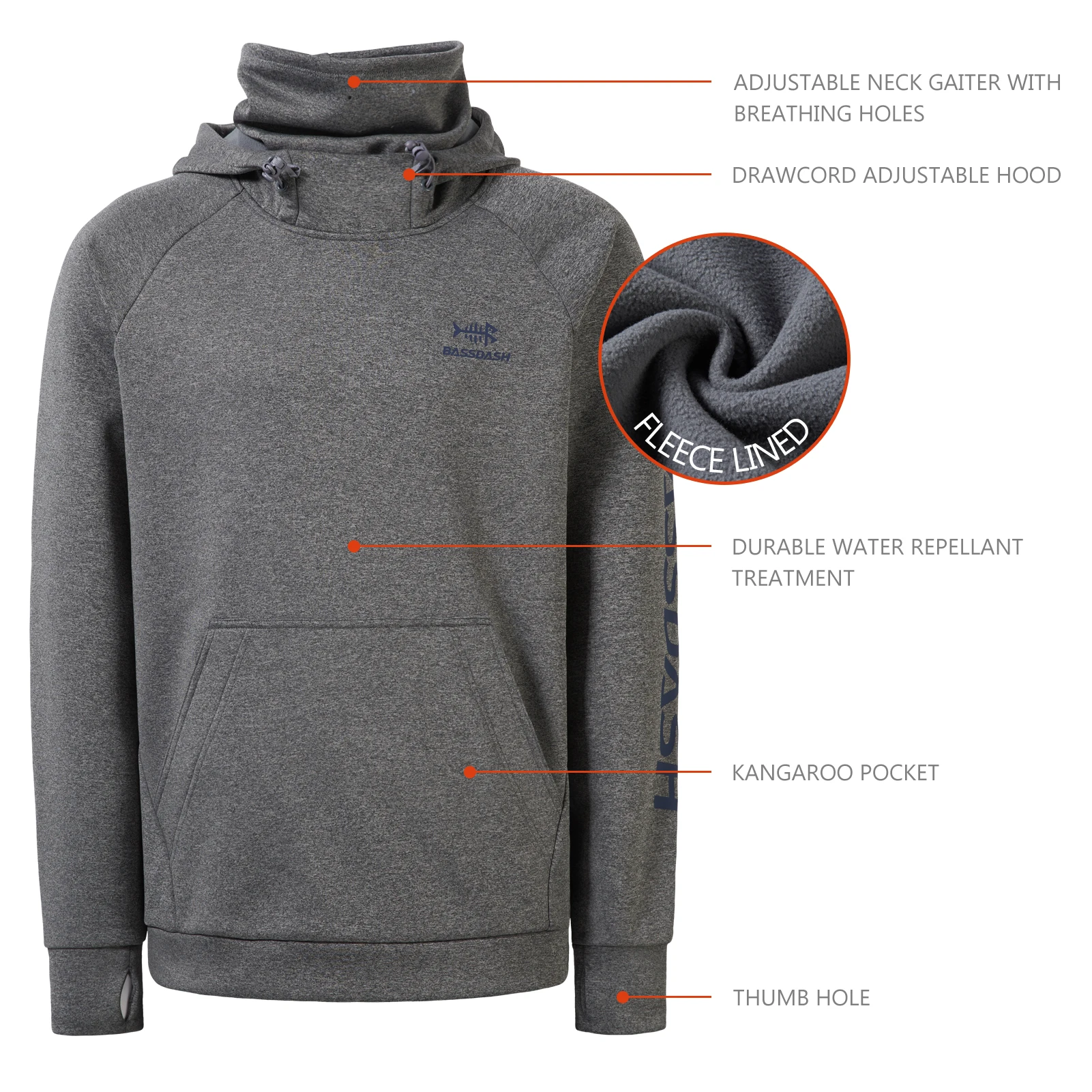 Bassdash Men’s Fishing Fleece Hoodie with Neck Gaiter Water Resistant  Performance Hunting Sweatshirt FS18M