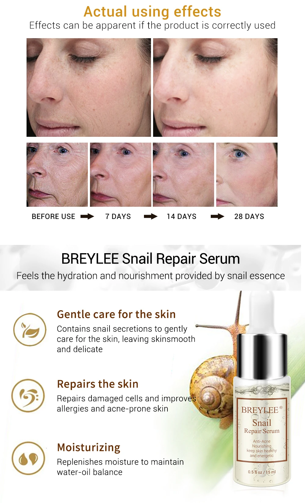 BREYLEE Snail repair Сыворотка для лица коллагеновая эссенция лифтинг укрепляющая кожу Гиалуроновая кислота глубокое увлажнение Антивозрастная акне уход за кожей