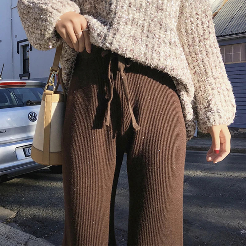 Зимние плотные широкие брюки с оборками женские свободные трикотажные брюки с эластичной резинкой на талии женские повседневные трикотажные брюки осень