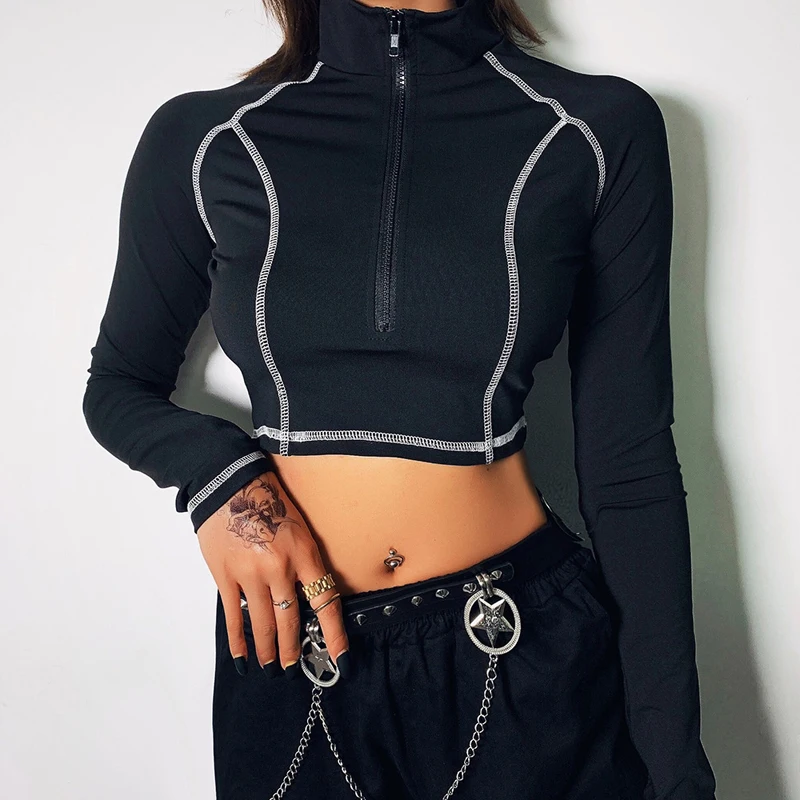 

Reflective Women Letter Print T Shirt Slim Fit Zipper Long Sleeve Crop Tops Solid Black Tee Shirt Femme Streetwear 2019 Autumn