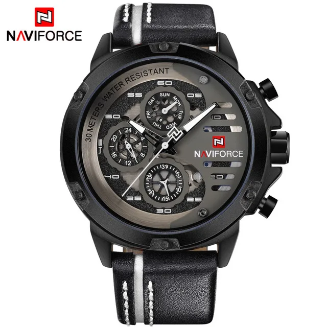 black white NAVIFORCE люксовый бренд мужские спортивные часы мужские кожаные Кварцевые водонепроницаемые часы с датой мужские военные наручные часы relogio masculino - Цвет: black white