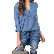 Новая Осенняя женская одежда Однотонная рубашка с v-образным вырезом и лацканами модная пикантная Женская Повседневная Свободная рубашка с длинным рукавом и карманом