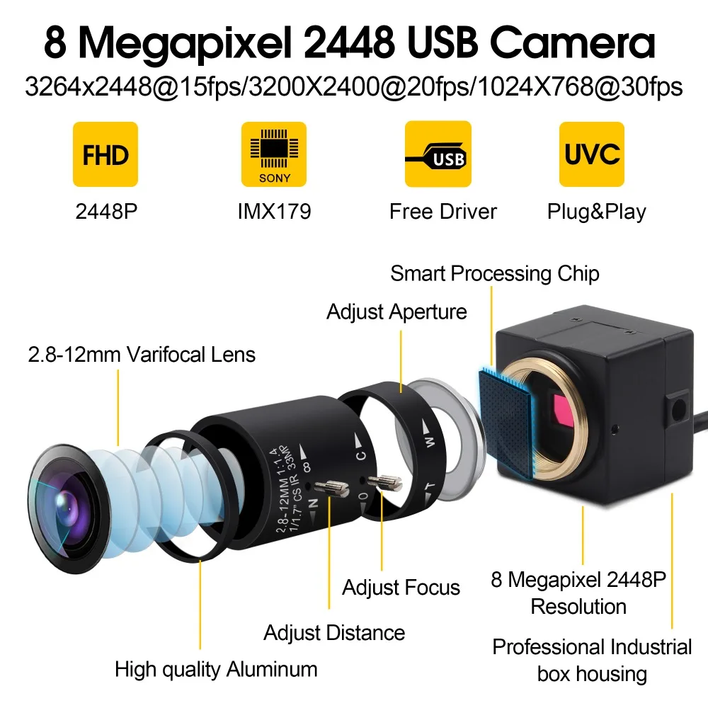 8MP USB камера Mjpeg 3264X2448 2,8-12 мм объектив с переменным фокусным расстоянием sony IMX179 датчик мини 38*38*32 мм металлическая коробка usb-веб-камера камера