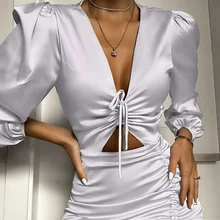 

Autumn Sexy Irregular Bag Hip Mini Dresses for Women Hollow Ruffled Chiffon Short Skirt V-neck Drawstring Nightclub Slim Dress