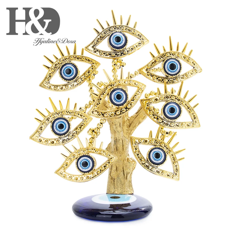 

H&D Blue Evil Eye Tree Gold Figurine Money Fortune Tree Lucky Ornament Decoration for Protection Good Luck Gift Fengshui Liuli