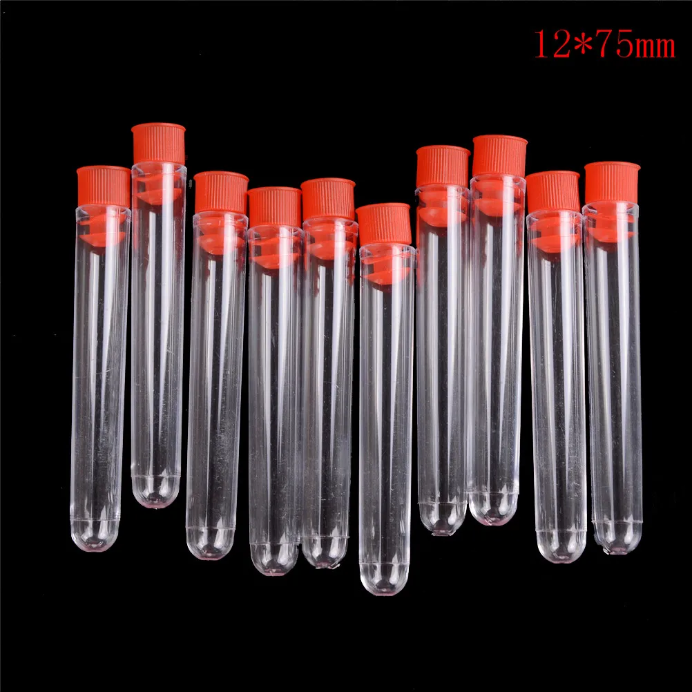 10Pcs 12*75mm High Quality clear Transparent Plastic Laboratory Test Tubes With  With Cap U-shaped Bottom Test Tube Lab Supplies