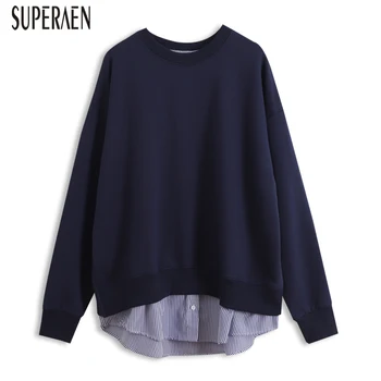 

SuperAen Fake Two-Piece Hoody Women's Sweatshirts Wild Cotton Fashion Casual Ladies Sweatshirts New 2020 Spring Tops Female