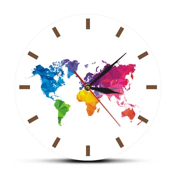 

Minimalism Colorful World Map Wall Hanging Clock Silent Quartz Decor Wall Watch Geometric Wall Art Housewarming Traveler Gift