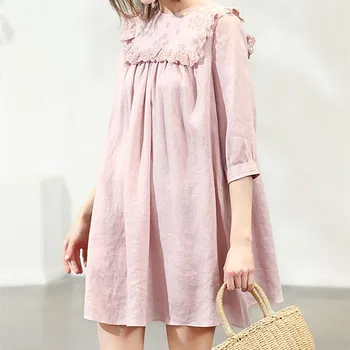 

Women Emboridery Dress Linen Loose Sweet Lady O Neck Simple Solid Color Mini Dress