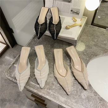 

2020 Women Slippers Pointed Toe Designers Sexy Thin Heel Sandal Outside Dress Woman Slides Luxury Rhinestone Slip On Mules Shoes
