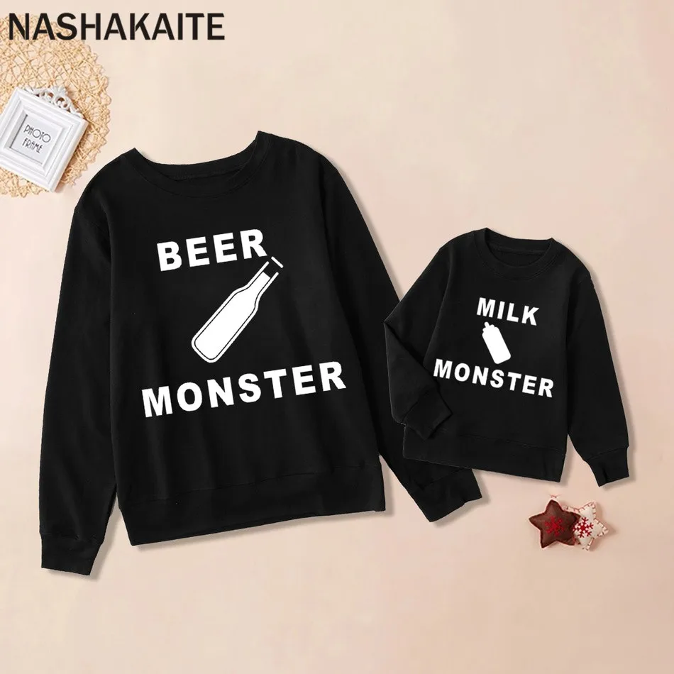 NASHAKAITE/Одежда для папы и меня; пуловер с круглым вырезом; свитер с принтом «молоко и пиво» для папы, сына и дочки; одинаковые комплекты для семьи - Цвет: Black
