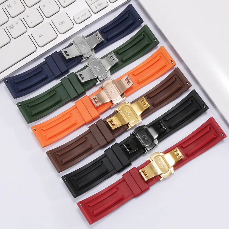 

Fluorine Rubber Watchband Quick Release Butterfly Buckle Bracelet Band Strap 18mm 20mm 22mm 24mm Orange Blue Waterproof Watchban