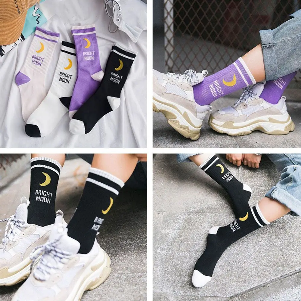 Модные длинные носки с надписью «Moon», Эластичные Спортивные Повседневные носки в полоску для женщин и мужчин в стиле хип-хоп, Harajuku, пара носков