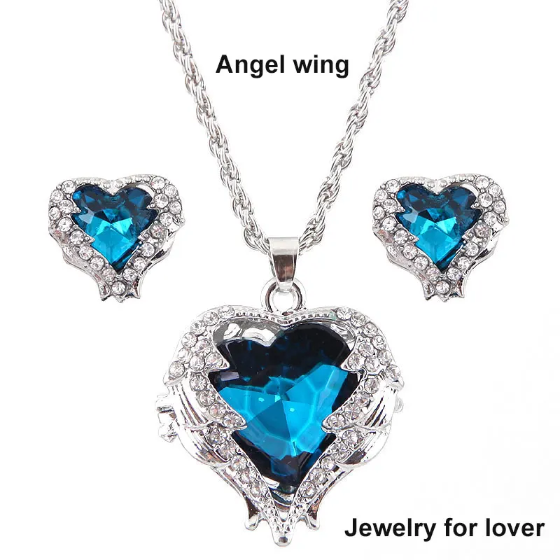 Модный Ювелирный Набор, серебряная цепочка, звено для женщин, Крыло ангела, сердце, массивное ожерелье, серьги,, ювелирное изделие для влюбленных