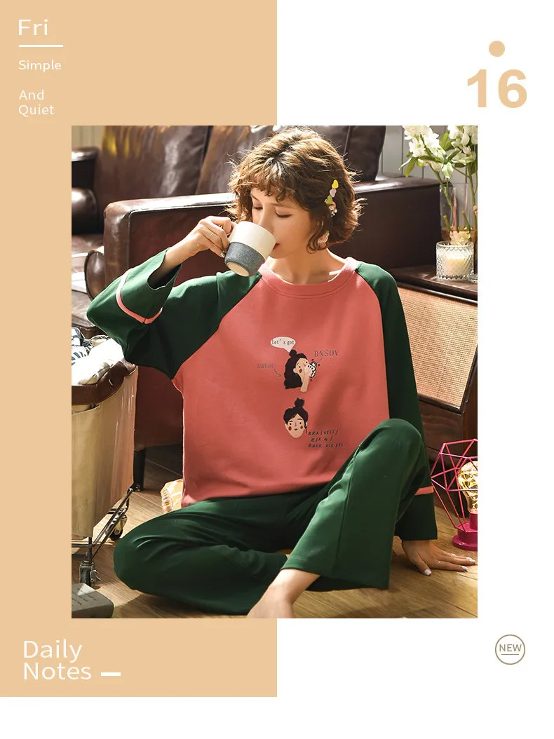 Loungewear женское хлопковое каваи белье больших размеров для девочек-студенток, спальные костюмы, штаны с длинными рукавами, модные женские пижамы в Корейском стиле