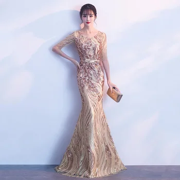 

Evening Dress Gold Bling Sequins Pattern Mermaid Formal Gowns O-Neck Half Sleeve Robe De Soiree Floor Length Party Dresses K177