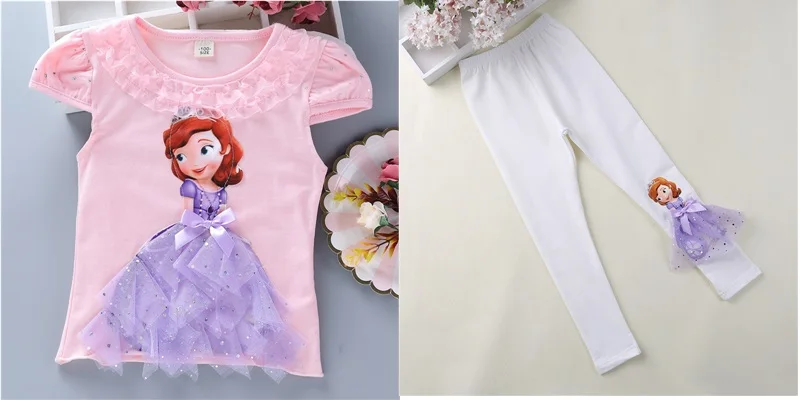 Комплект одежды для девочек; футболка с короткими рукавами и штаны с аппликацией Эльзы и Софии; милый костюм принцессы с 3D вышивкой для маленьких девочек - Цвет: T30156-12