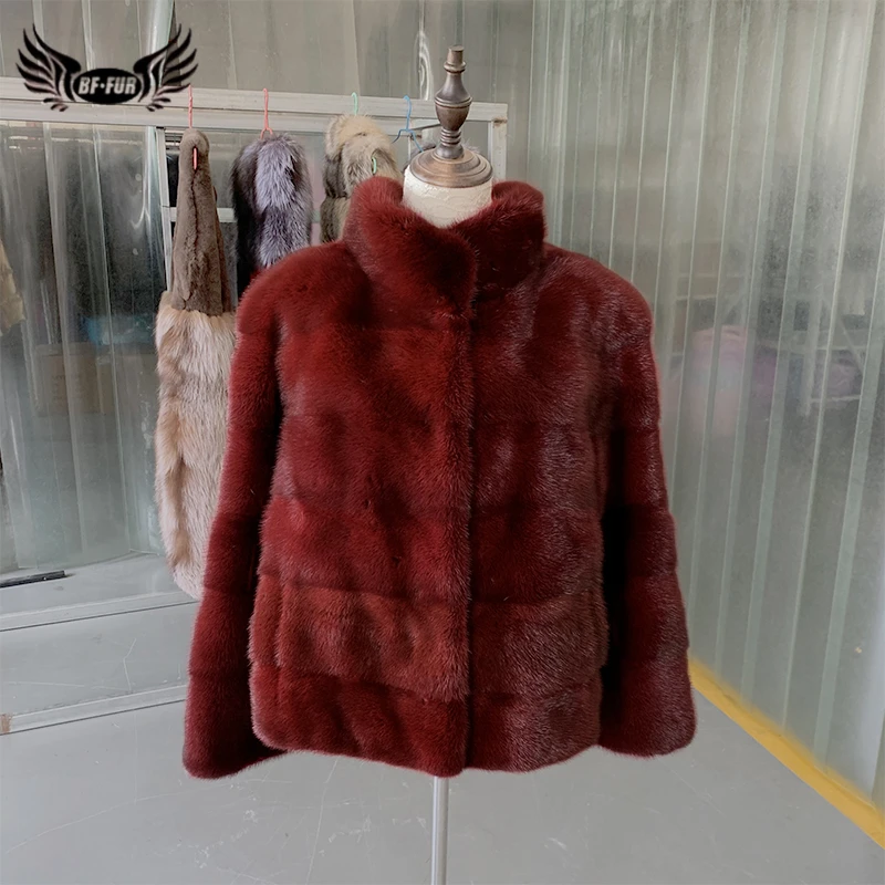 BFFUR женская шуба из натурального меха норки с манжетами из меха лисы женская зимняя шуба из натурального меха модная Роскошная Одежда в полоску