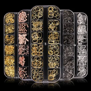 

1 Box Nail Studs Rivet Geometric Image Gold Silver Rose Nail Art Rhinestones Gold Color Mixed Size 3D Nail Art Decoration