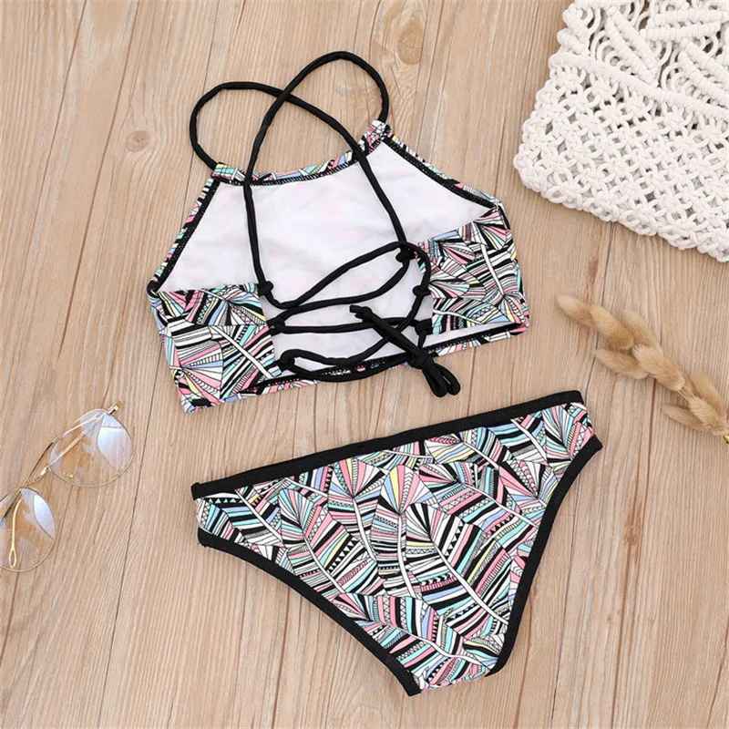 7-14 Years Girls Swimsuit Print Bandage Summer Beach Bikini Set