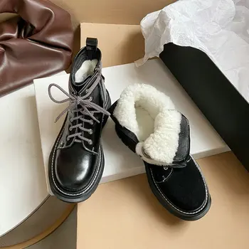 melhor Zawsthia Genuína Pele De Lã De Couro Natural Dentro De Inverno Quente Botas Da Mulher Laço-up Punk Gótico Botas De Neve Tornozelo Feminino Tamanho Grande 42