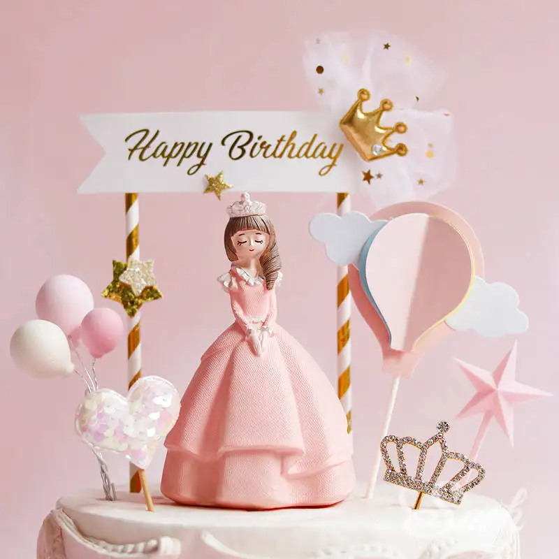 Розовое платье, украшение принцессы, Золотая Корона, топпер для торта «С Днем Рождения» для свадебной вечеринки, Валентина, принадлежности для выпечки, подарки для любви