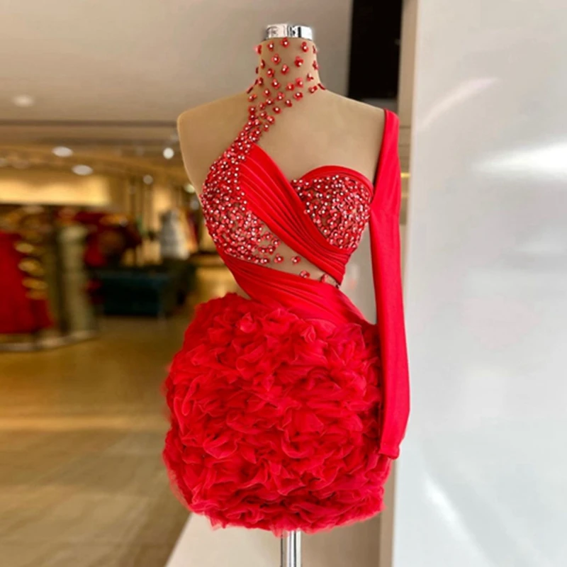 Pretty Red Crystals Tulle Mini Cocktail Dresses One Shoulder Beading Flowers Short Formal Party Dress See Thru Cocktail Gowns