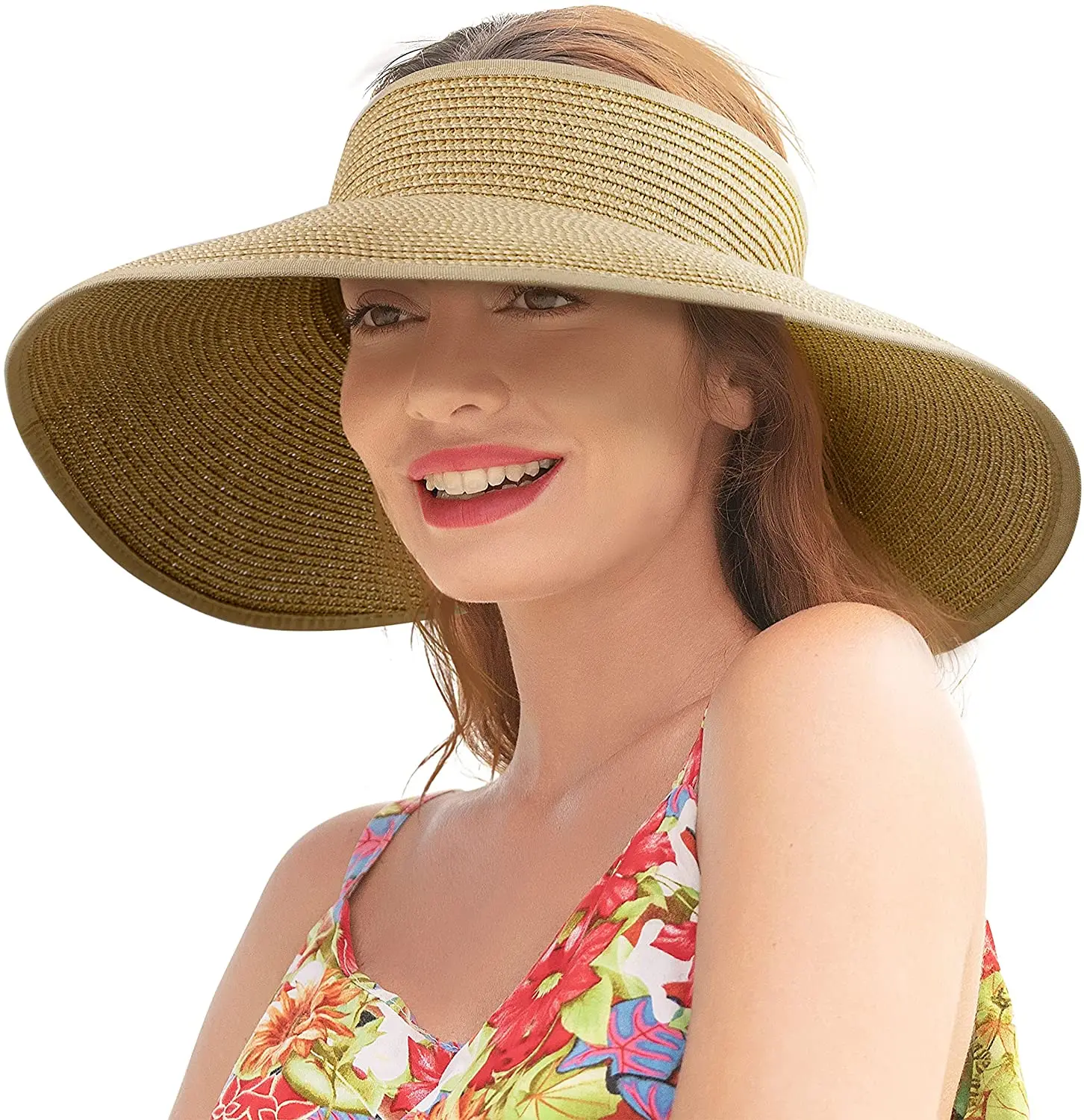 Women Roll up Wide Brim Summer Hat Topless Floppy Visor Sun Shield Straw Hat Cap 