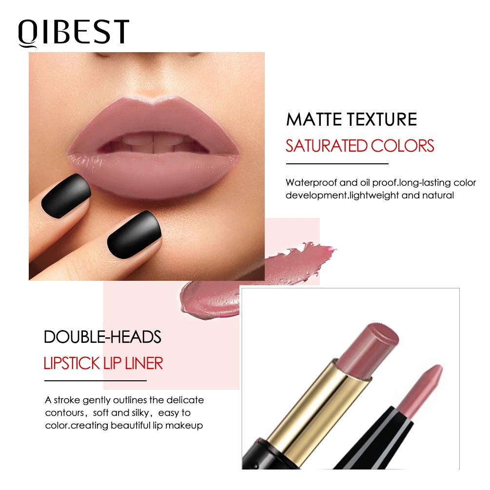 QIBEST 2 In 1 Matte Lipstick Lip Liner Nude Lipliner Makeup Waterproof Lipstick Pen Long Lasting Lip Pencil Makeup Lips Cosmetic 4