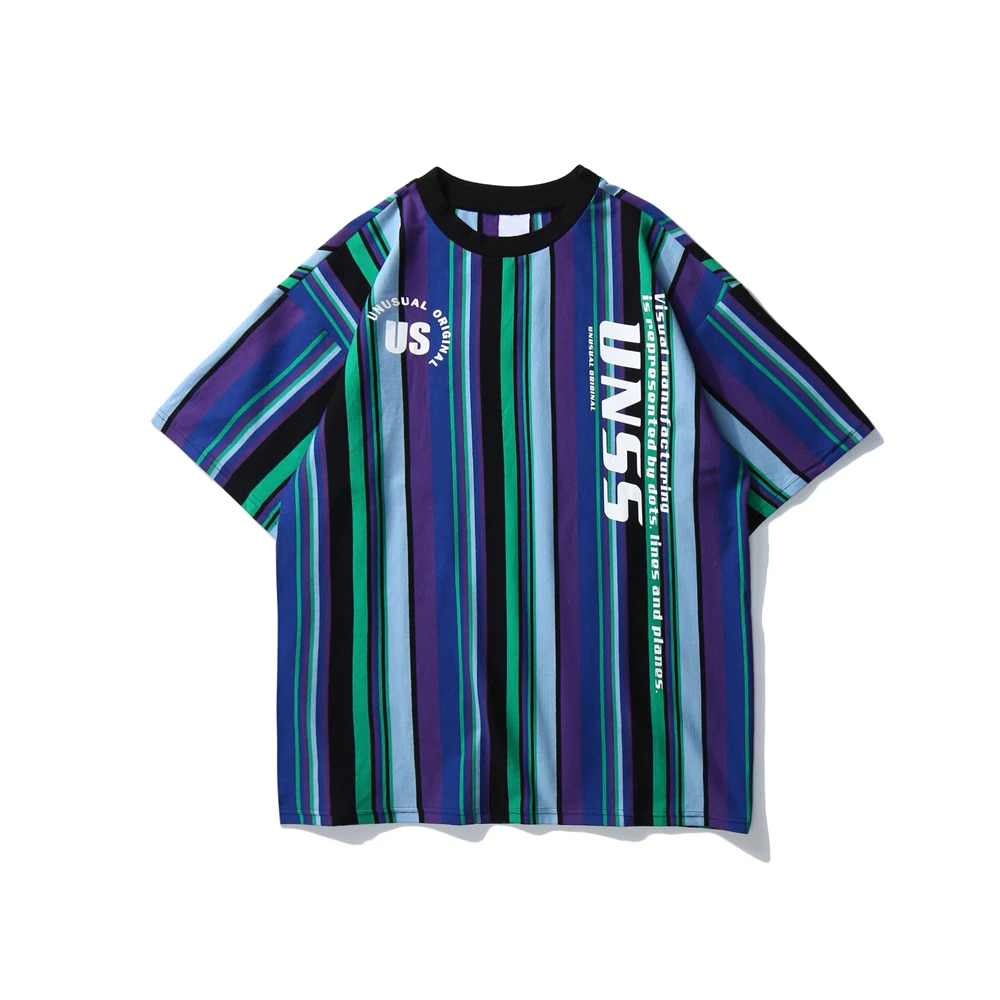 Темная икона полосатая уличная футболка Летняя мужская мода хип-хоп Футболка Мужская винтажная хлопковая футболка желтый/синий