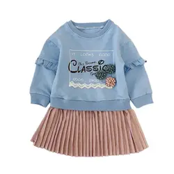 Платье с фальш-вставкой; детская футболка с длинными рукавами; плиссированное платье; Детские платья для девочек; Модная одежда