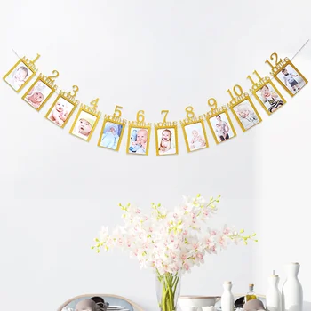 

2020 NEW 12 Months Photo Frame Paper Banner First Happy Birthday Decor 1st Baby Boy Girl My 1 One Year Party Supplies Gold Flag