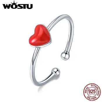 

WOSTU Trendy Design 925 Sterling Silver Cute Red Heart Open Rings For Women Fine Jewelry Adjustable Ring Christmas Gifts CSR156