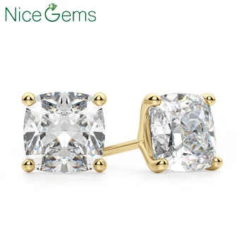 

NiceGems Solid 14K Yellow Gold 4 Prong Cushion Cut D Color 4ct Brilliant Moissanite Diamond Stud Earring For Ladies Push Back